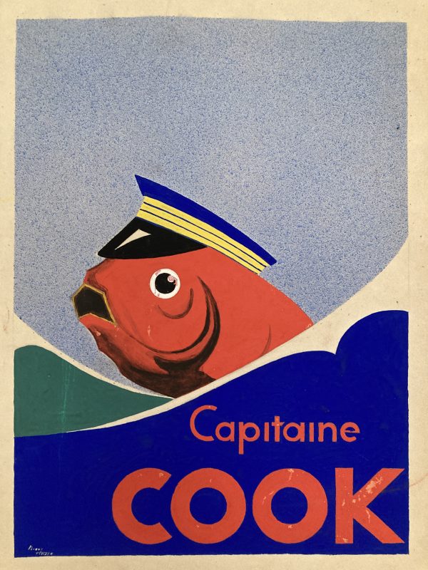 Original artwork for Capitaine Cook sardines; Fish rising from the waves wearing a sailor's cap.