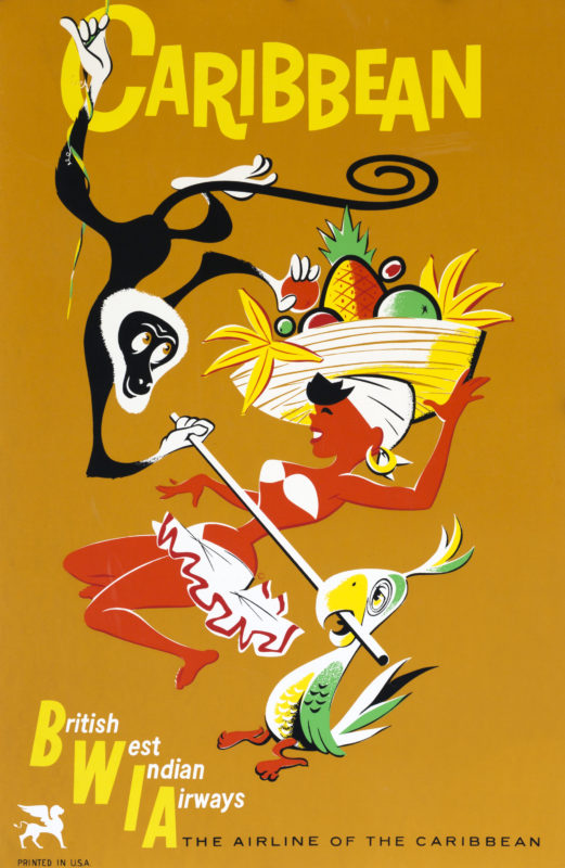 British West Indian Airways to the Caribbean poster with limbo dancer wearing a fruit hat, monkey and parrot