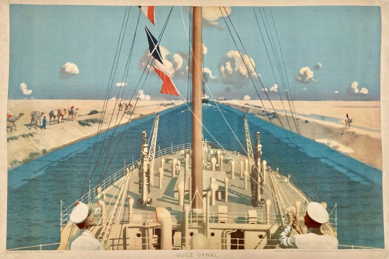 poster Suez Canal for EMB series; The bow of a boat going through the Suez Canal, desert either side