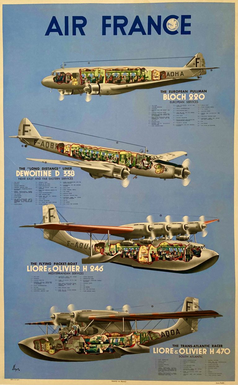 Air France Poster; 3 Air France airliners shown in cut away format, passengers seated inside.