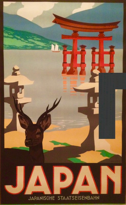 Japanese travel poster showing a temple shrine and a deer