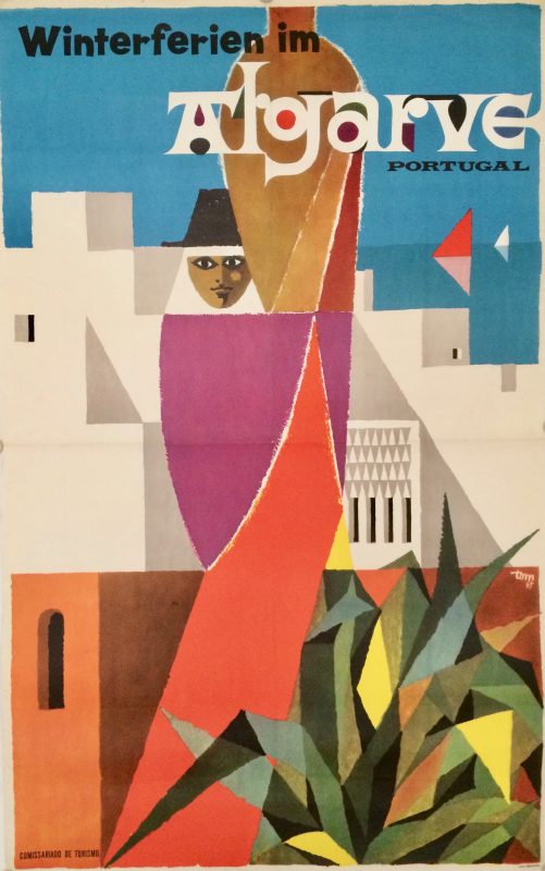 Abstract cubist woman carrying a jug with buildings behind her