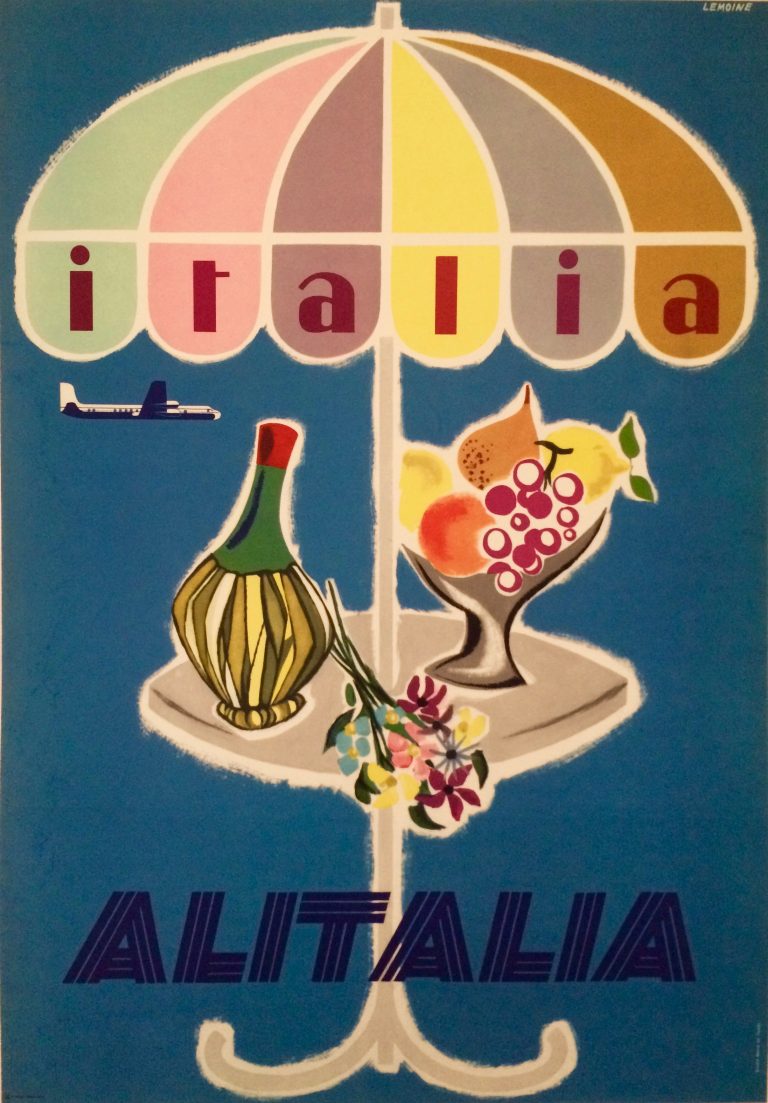 Italia Alitalia airline poster with a cafe table with an umbrella, bottle of wine, and bowl of fruit with a plane in the distance