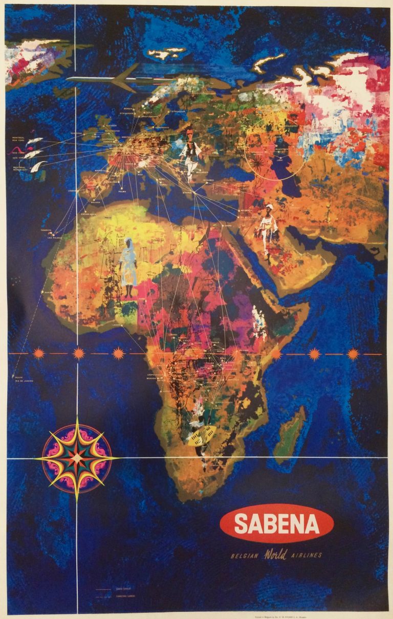 Sabena airline poster with a pictorial map of Africa and Europe and the Middle East