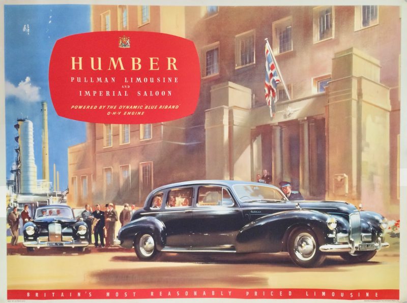 Humber Pullman car parked in front of a building with union jack flying.