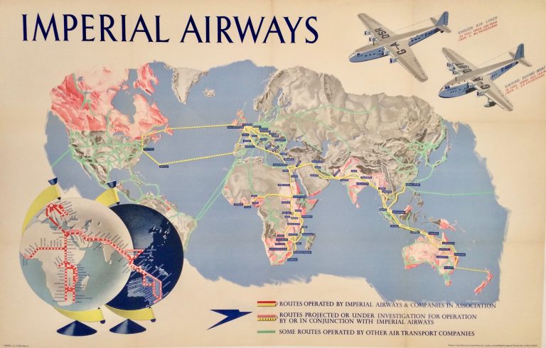 pictorial routemap of imperial airways with map of the world