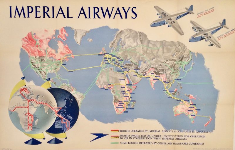 pictorial routemap of imperial airways with map of the world