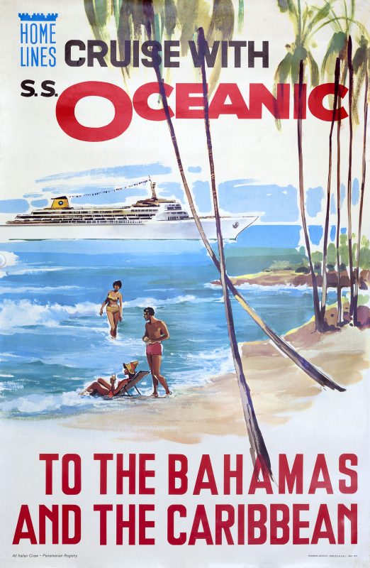 Three people at an empty beach with a cruise ship at port