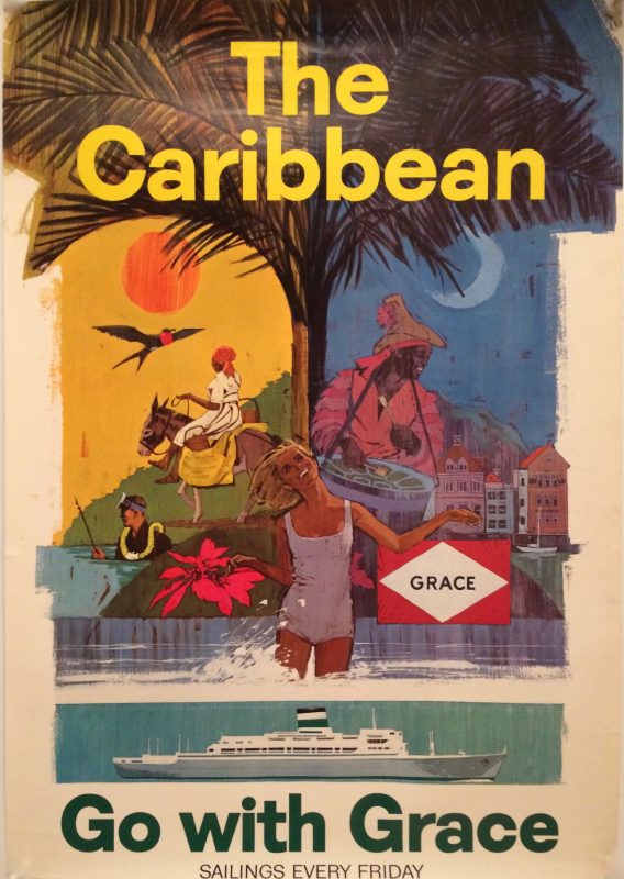 Artist drawn vignettes of Caribbean destinations, diving, with a Grace Line cruise ship.