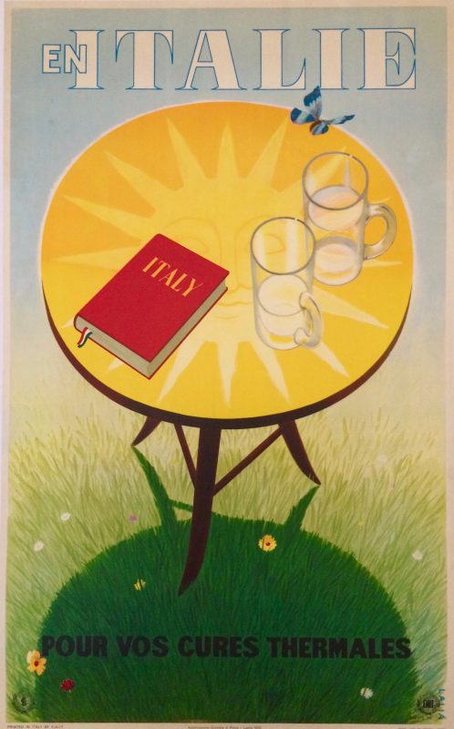 Travel poster for Italy with a sunny table on the grass with two glasses and a red italian travel book