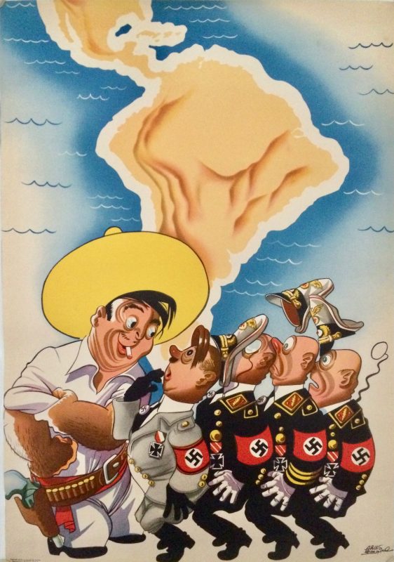 Cartoon drawing of a Mexican man in a sombrero about to punch a group of Nazis