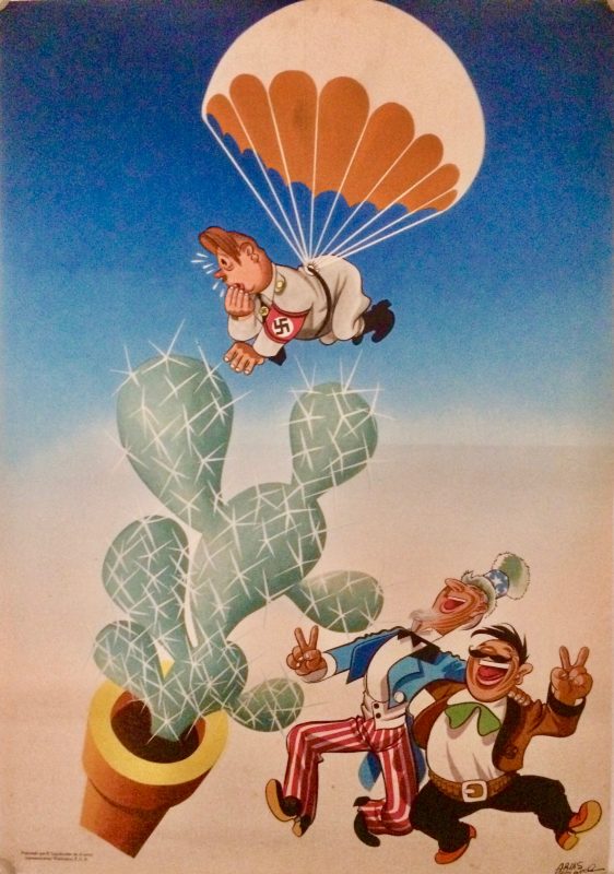 Nazi parachuting into a cactus watched by Uncle Sam & a Mexican man