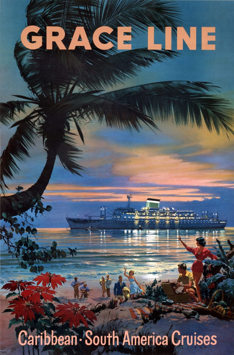 People on beach looking at cruise ship at sea