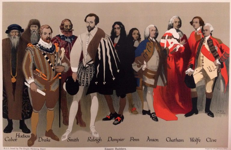 A group of historical men in old costumes with names written under them