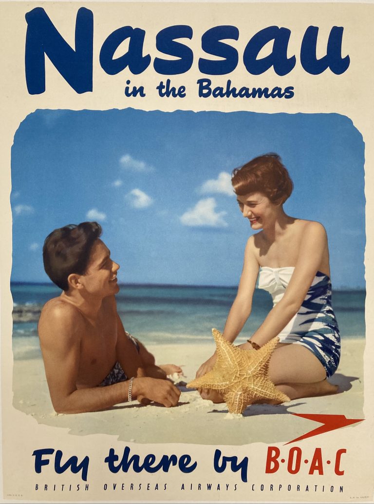 Fly to Nassau by BOAC poster with a couple sitting on a beach