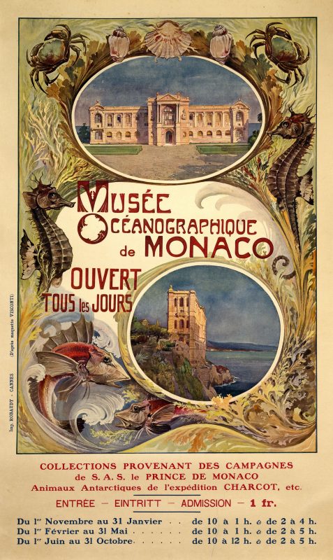 Poster with vignettes of monaco and sea animals