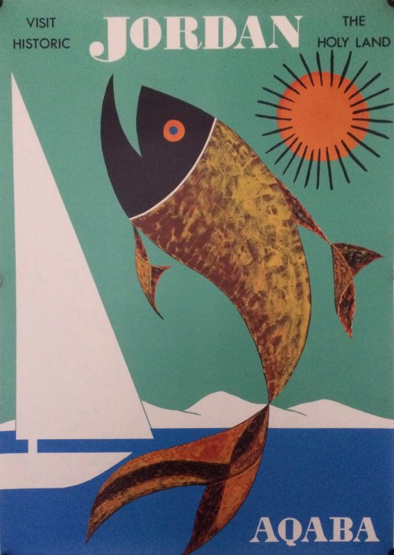 Travel poster for Aqaba Jordan with a fish against sun, sea and sailboat