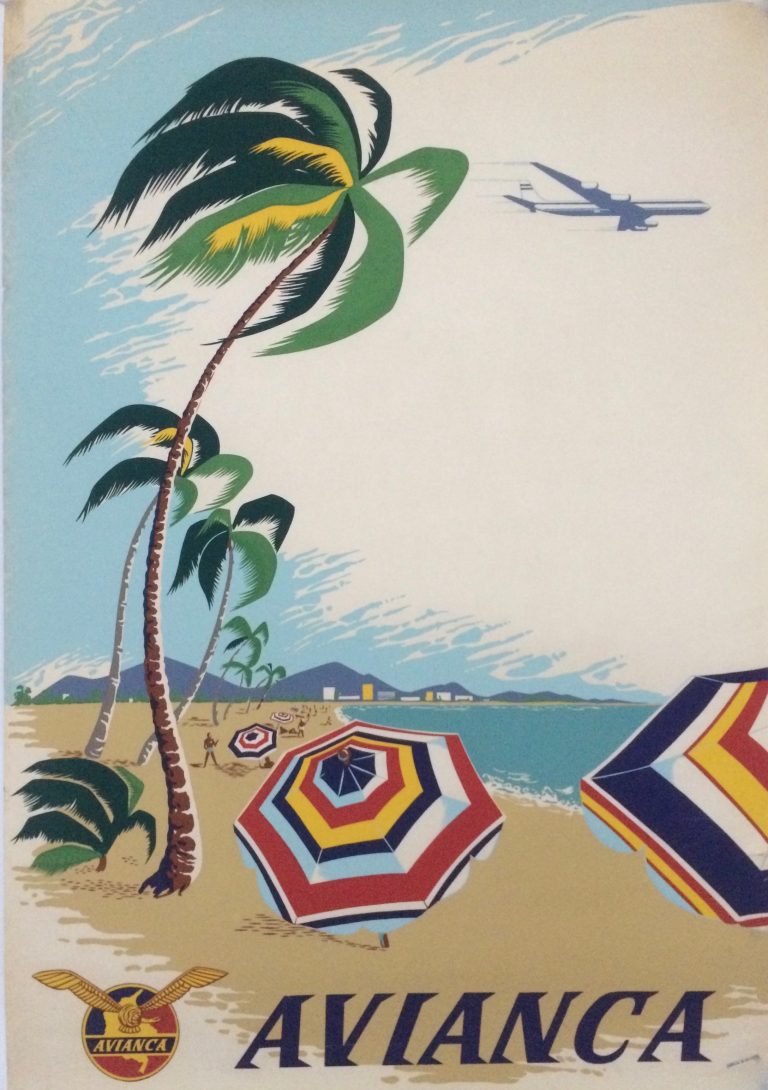 Vintage poster showing a beach with palm trees, beach umbrellas and plane in the sky