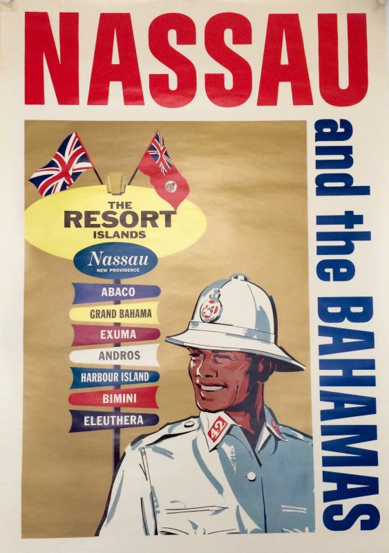 Nassau and the Bahamas poster with a Policeman in front of a list of Islands in the Bahamas