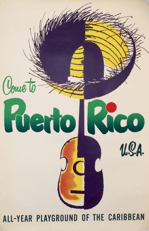 Come to Puerto Rico poster with a guitar and straw hat