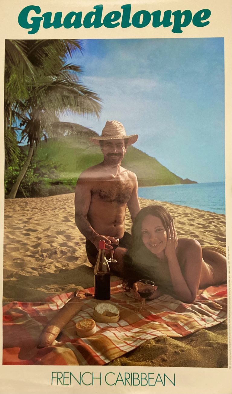 Guadeloupe tourist poster; A couple sitting on the beach having a picnic