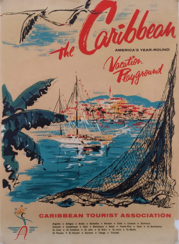 Caribbean travel poster with a Harbour scene