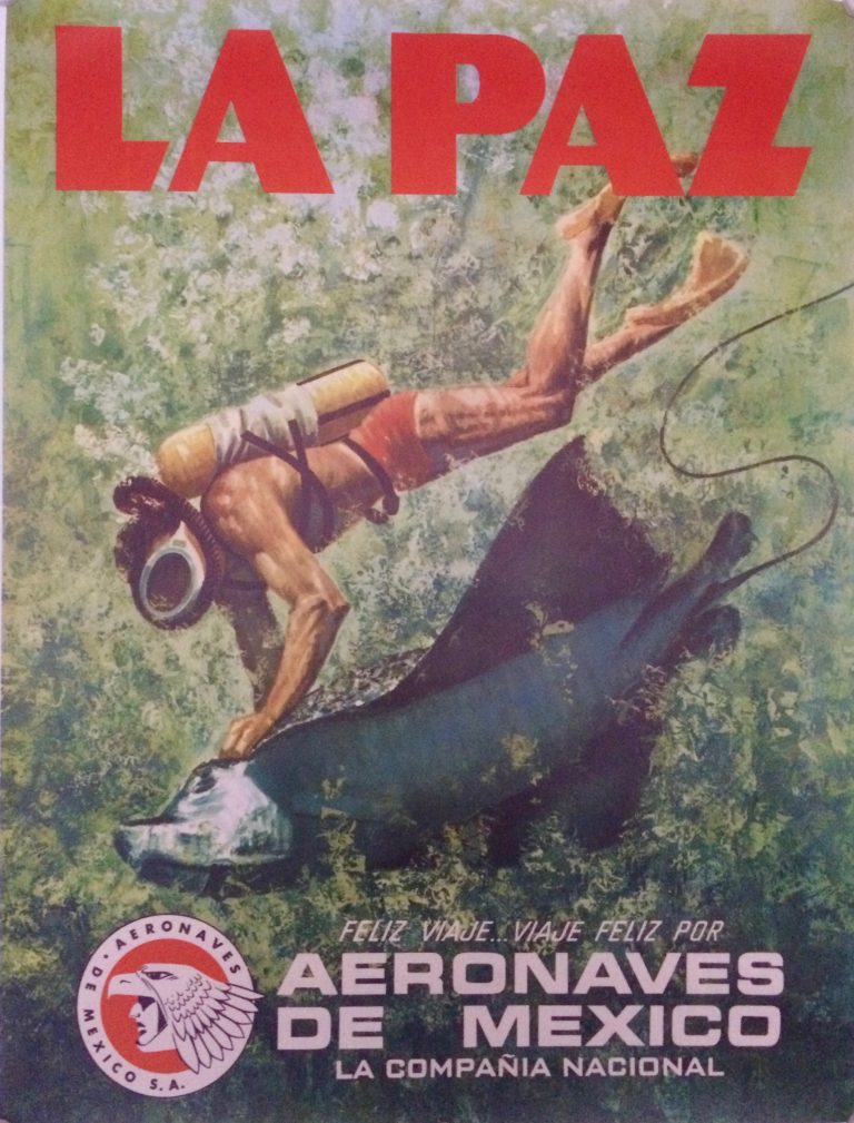 Poster for Travel to La Paz with Aeronaves de Mexicoes showing Scuba diver and ray mantis