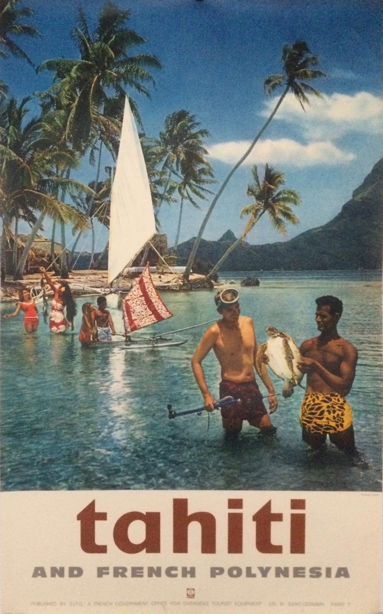 Tahiti travel poster with Divers standing close to shore in a tropical lagoon