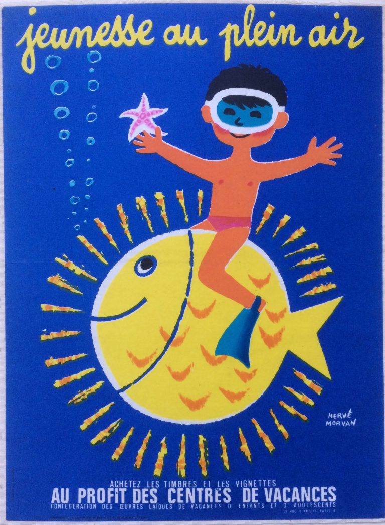 Poster for children's holiday centres with child in mask and flippers riding on a fish, blue background