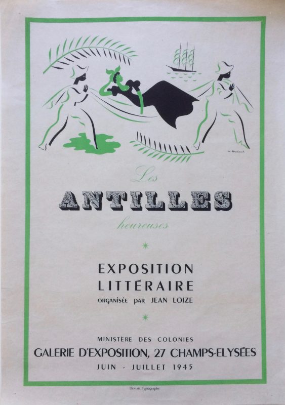 poster advertising an exhibition of literature from French Antilles with girl being carried on a hammock, ship in the background