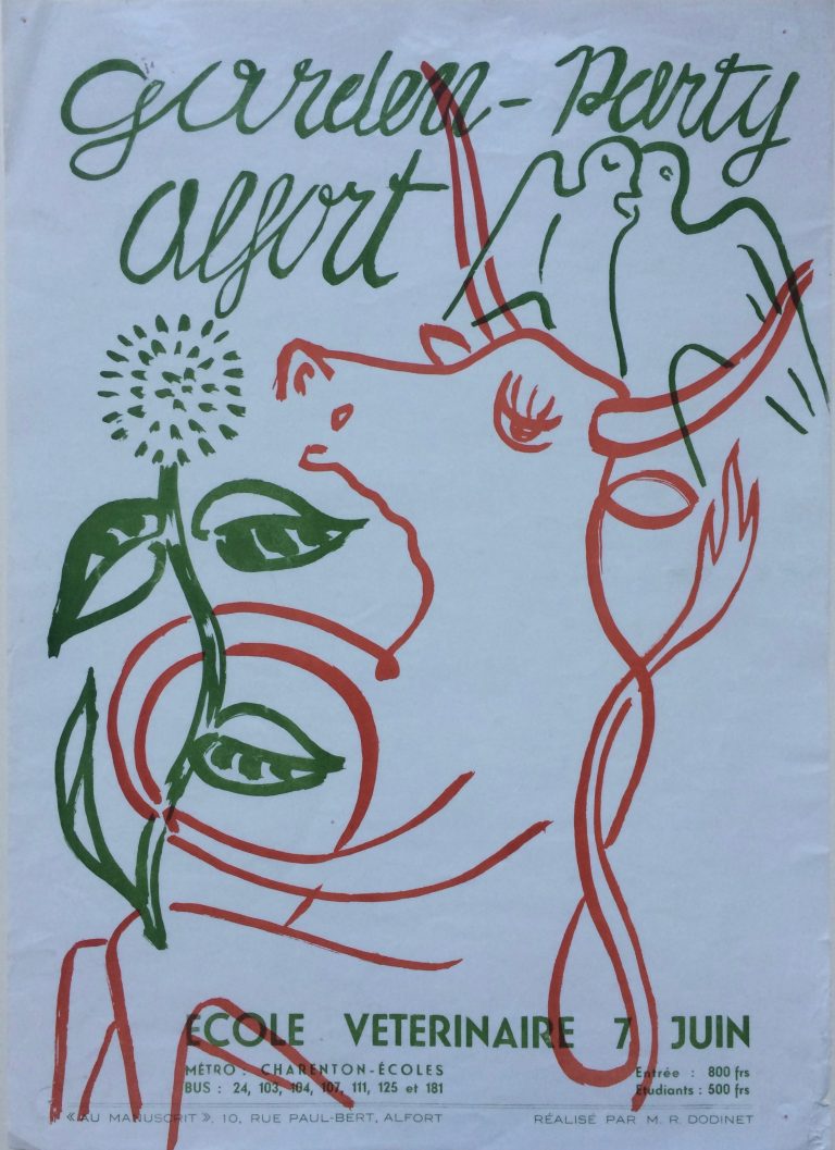 Poster for a Garden-party at the veterinary college in Alfort France with a drawing of a flower, a cow and two doves