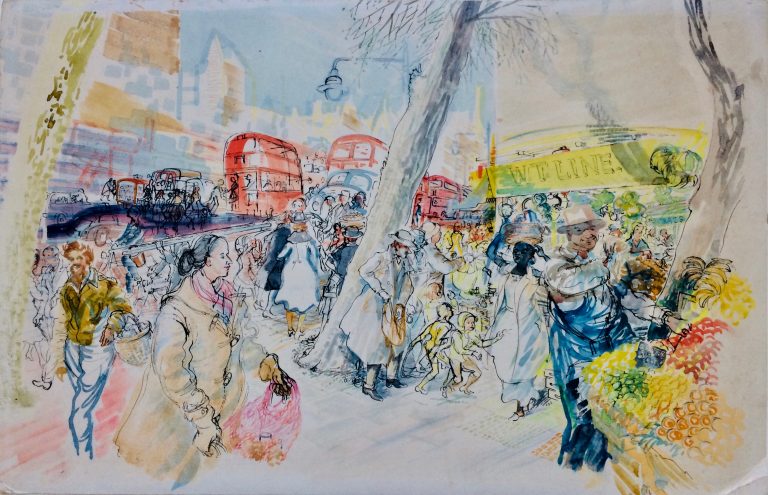 watercolour london market scene with people bustling in the market