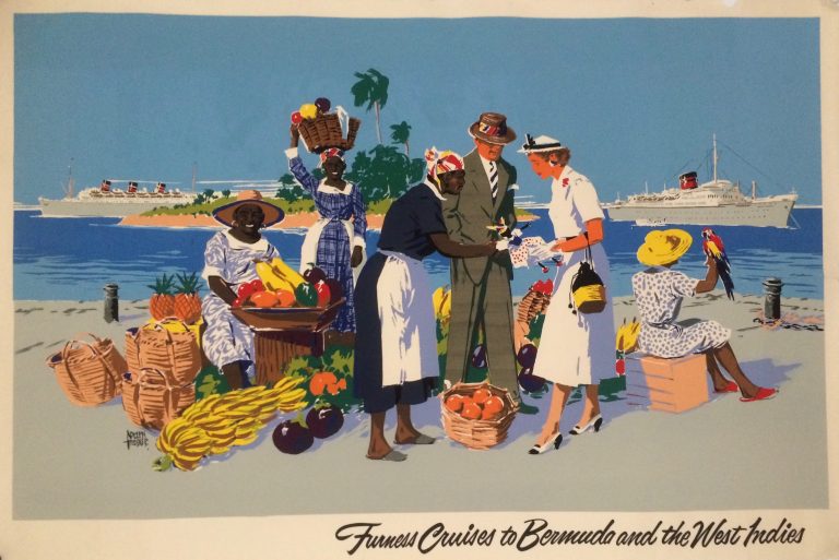 Poster for Furness lines cruises to Bermuda and the Caribbean with couple buying fruit from sellers on dockside, cruise ships in the background