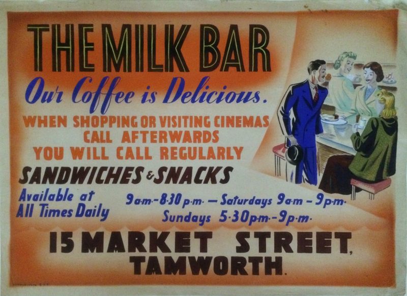 Poster Artwork for ad. for Milk Bar in Tamworth with Customers at milk bar counter, Lettering advertsing sandwiches and snacks available in The Milk Bar Tamworth.