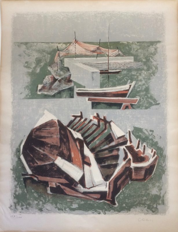 Print with Harbour and fishing nets, wrecked boat on the shore