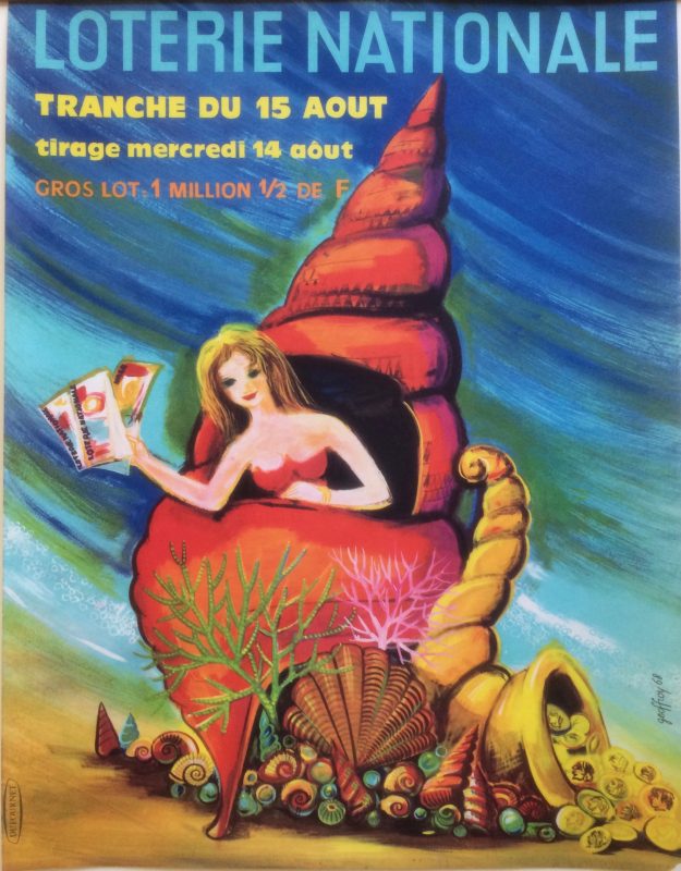 Poster Advertising for French National lottery with a Mermaid in a sea-shell holding lottery tickets