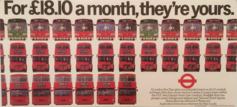 bus travel in London poster with many buses facing forward