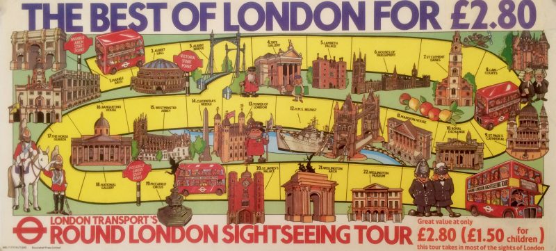 London tourist bus 1980s poster with Landmarks, Tower of London, Marble Arch etc. colourful background