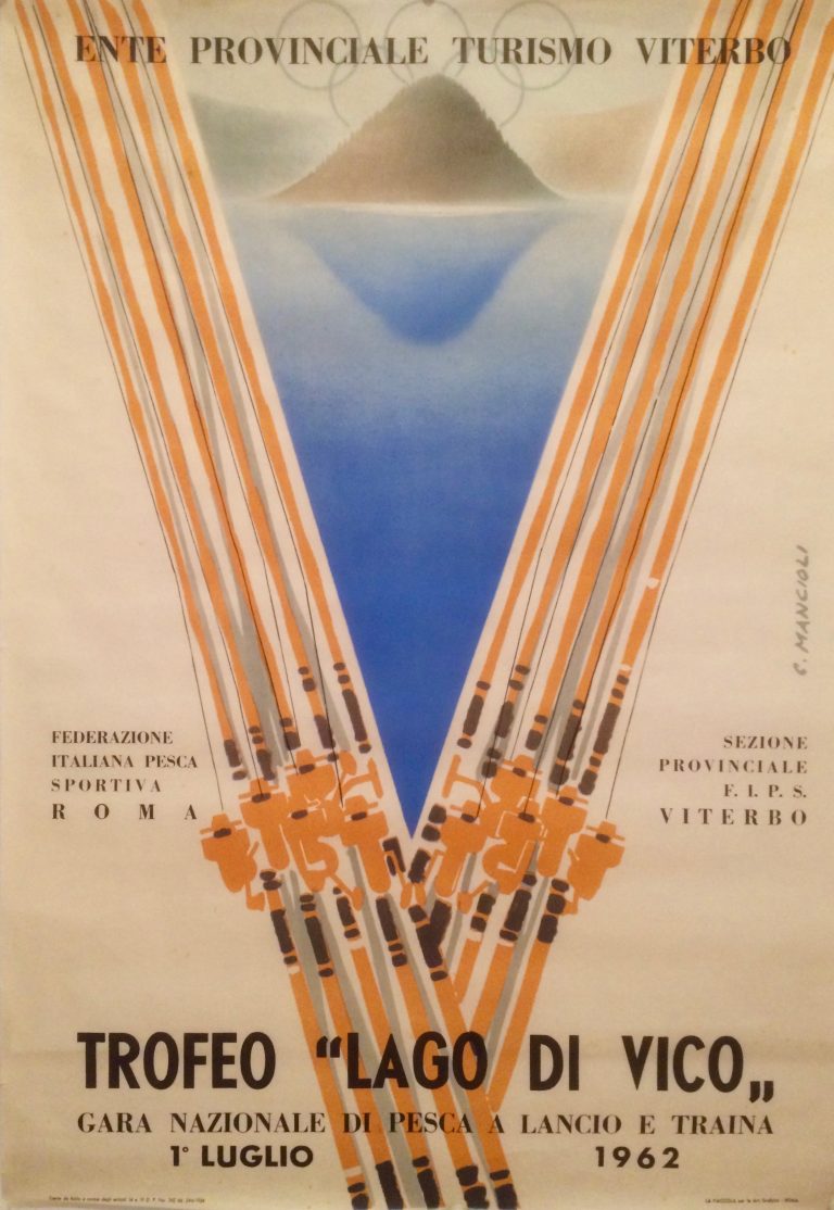 Sport fishing competition Italy 1962 poster with Two fishing rods against the blue of a lake