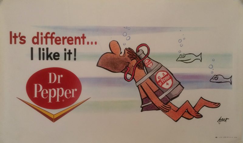 Advertising poster for Dr. Pepper with Scuba diver on a tank of Dr. Pepper soda