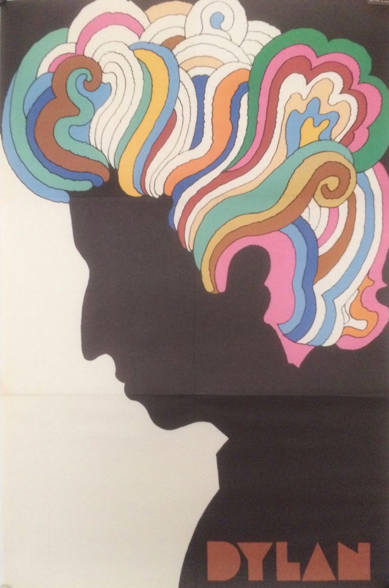 Bob Dylan poster with a profile of Bob Dylan's face in black, with multi-colour psychedelic hair