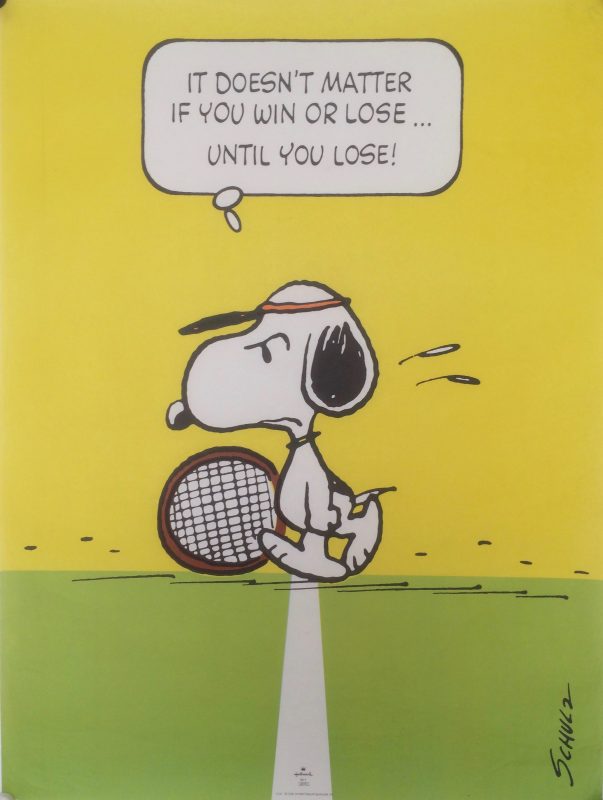 snoopy tennis poster with Snoopy dog walking across the tennis court, racquet in hand