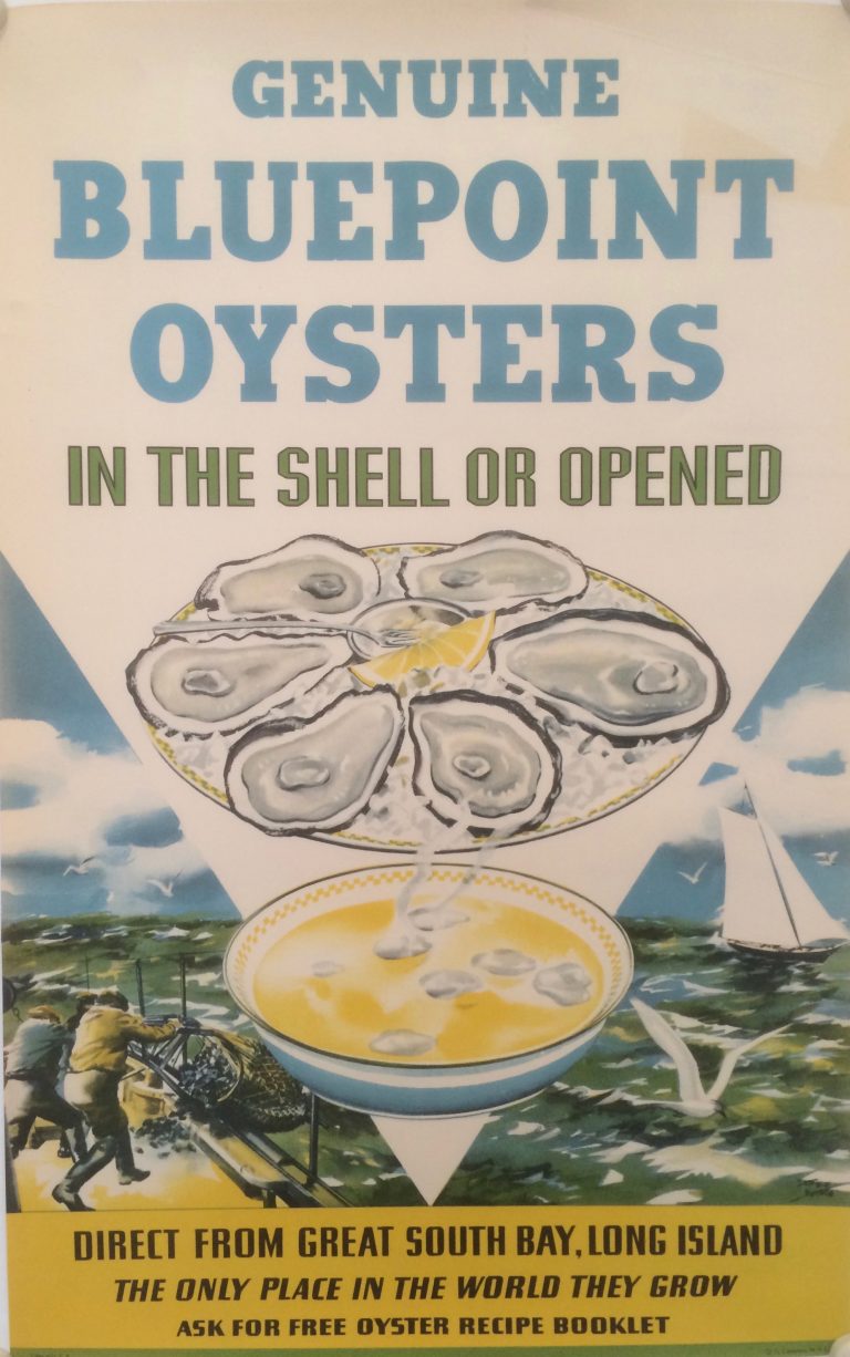 poster advertising Bluepoint Oysters; Plate of oysters and oyster catching at sea