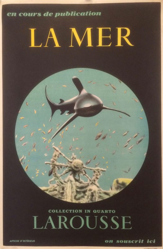 Poster advertising publication of La Mer by Larousse in Paris showing a shark swimming underwater