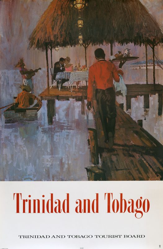 Trinidad and Tobago poster with a couple dining by the sea.