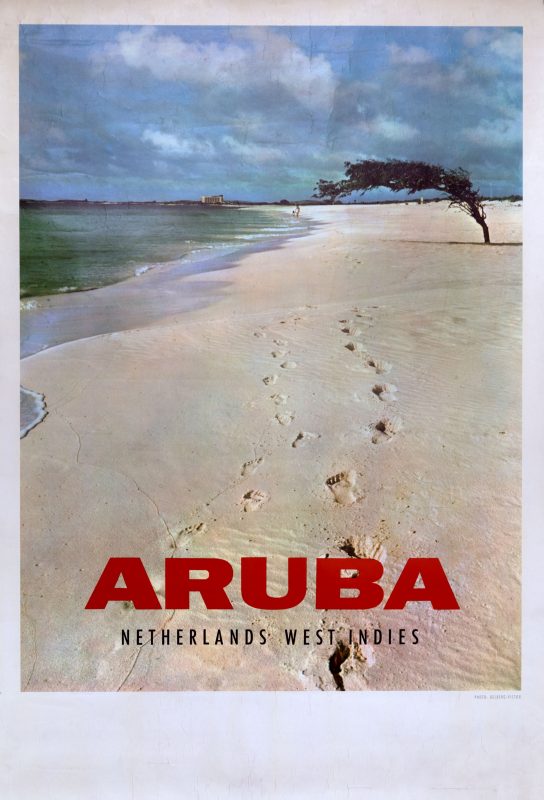 Aruba Netherlands West Indies poster with Footsteps on the beach, hotel in background