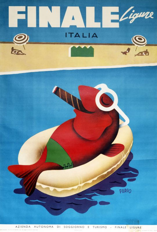 Finale, Ligure poster with a fish lounging in a swim rings at the beach on the water while smoking a cigar