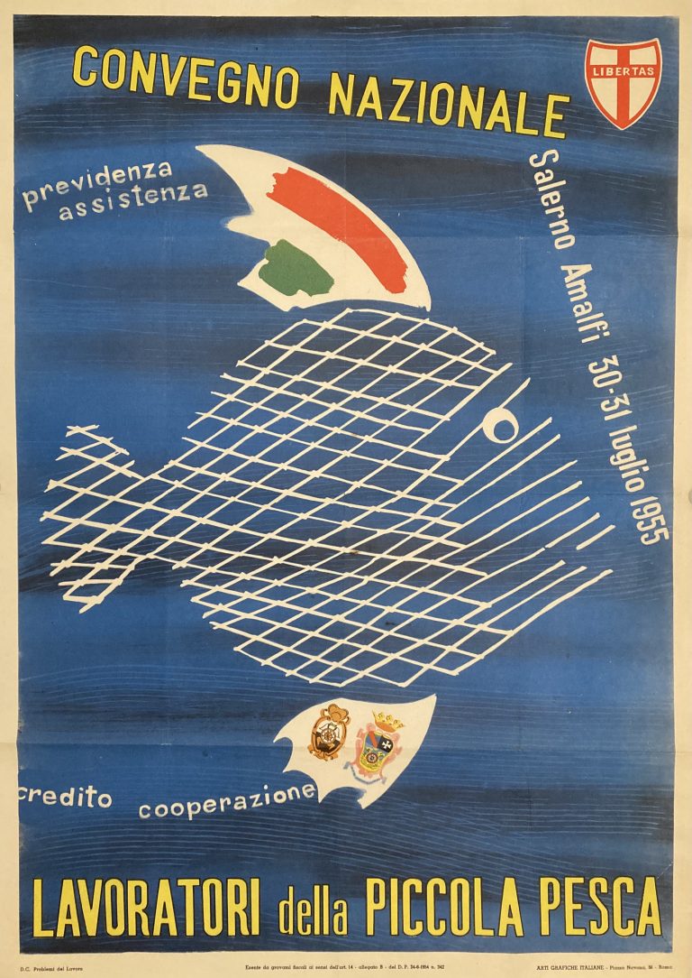 poster for picolla pesca poster; 1950s style fish against blue background