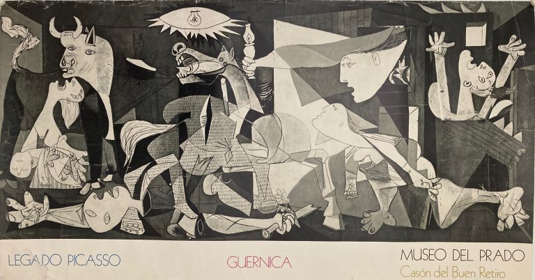 Poster for an Exhibition at Prado Madrid, showing the artwork Guernica an abstract of faces in war