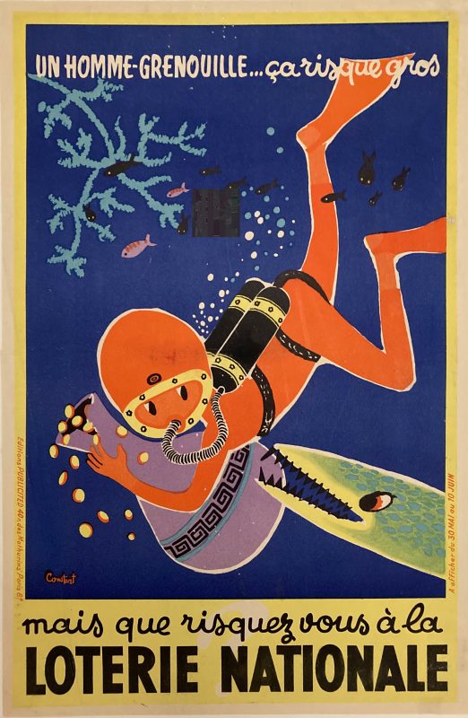 poster for loterie nationale France; Diver underwater with pot of gold, menaced by barracuda